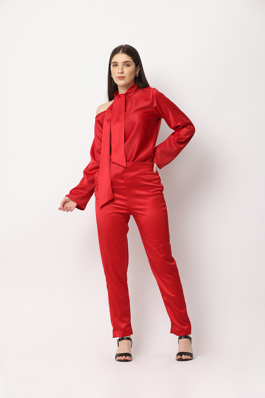 Serve some panache with this shoulder cutout regular-length satin top featuring a steamy tie-neck detail. Paired with flowing high-waist trousers in a straight-leg design. Front zip fly, inside button and metal hook fastening. All wrapped up in an electrifying red shade.