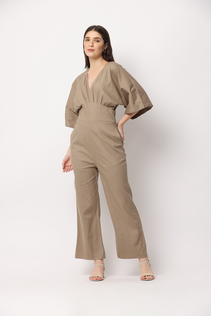 Front pleated linen jumpsuit