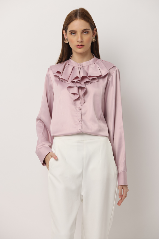 A contemporary touch to your satin shirt with decorative flounces around the collar and in front. Buttons down the front with pleats in front and back for added fit, with long sleeves and buttoned cuffs.