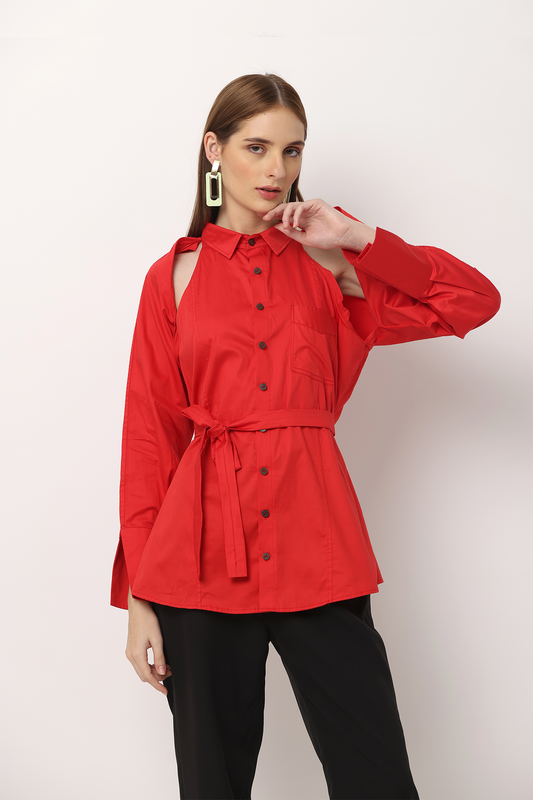 Ferlyy keeps the uniqueness on your sleeve with this shoulder cutout shirt. The signature back cutout comes with a distinct detachable belt, a rounded hem and a front pocket, all wrapped in an intoxicating red.