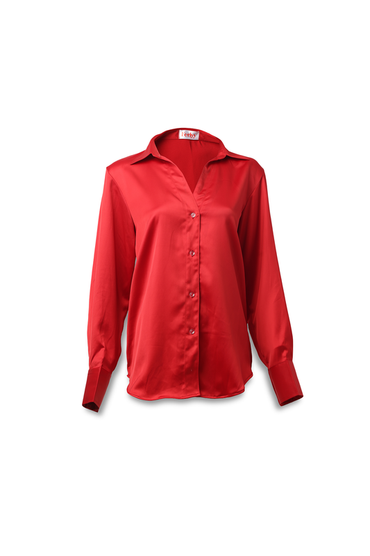 Oversized shirt in woven fabric with a sheen. Collar, buttons down the front, long sleeves with a sleeve placket and buttoned cuffs, and a rounded hem in chic red. Loosely fitted. Unlined