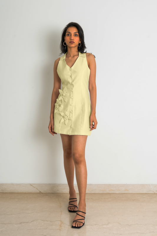 3D handmade flower embellished sleeveless linen mini dress in yellow with collars and centre front button closure. Lined