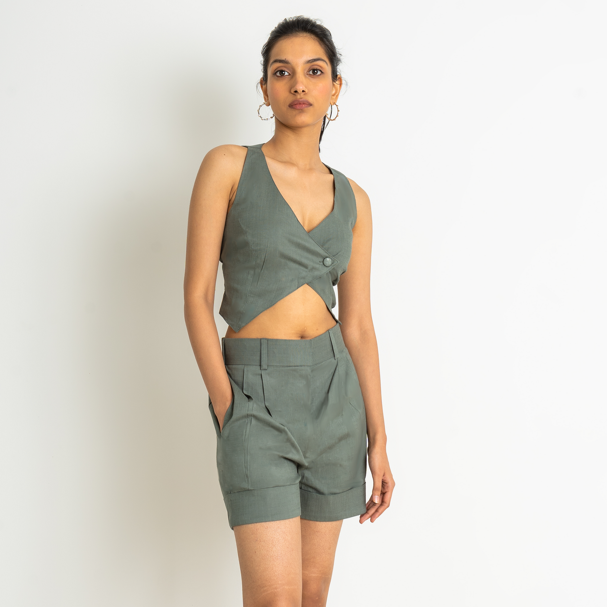 Olive Asymmetrical Crop Top and Shorts Set
