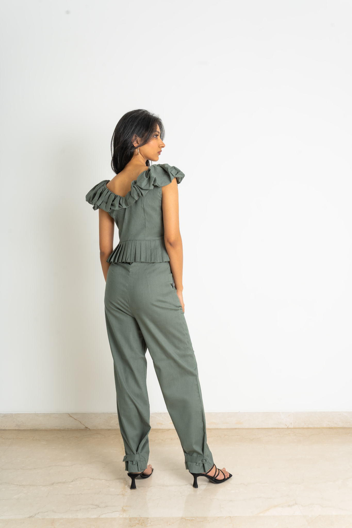 Ruched detail peplum top with straight pant co-ord set