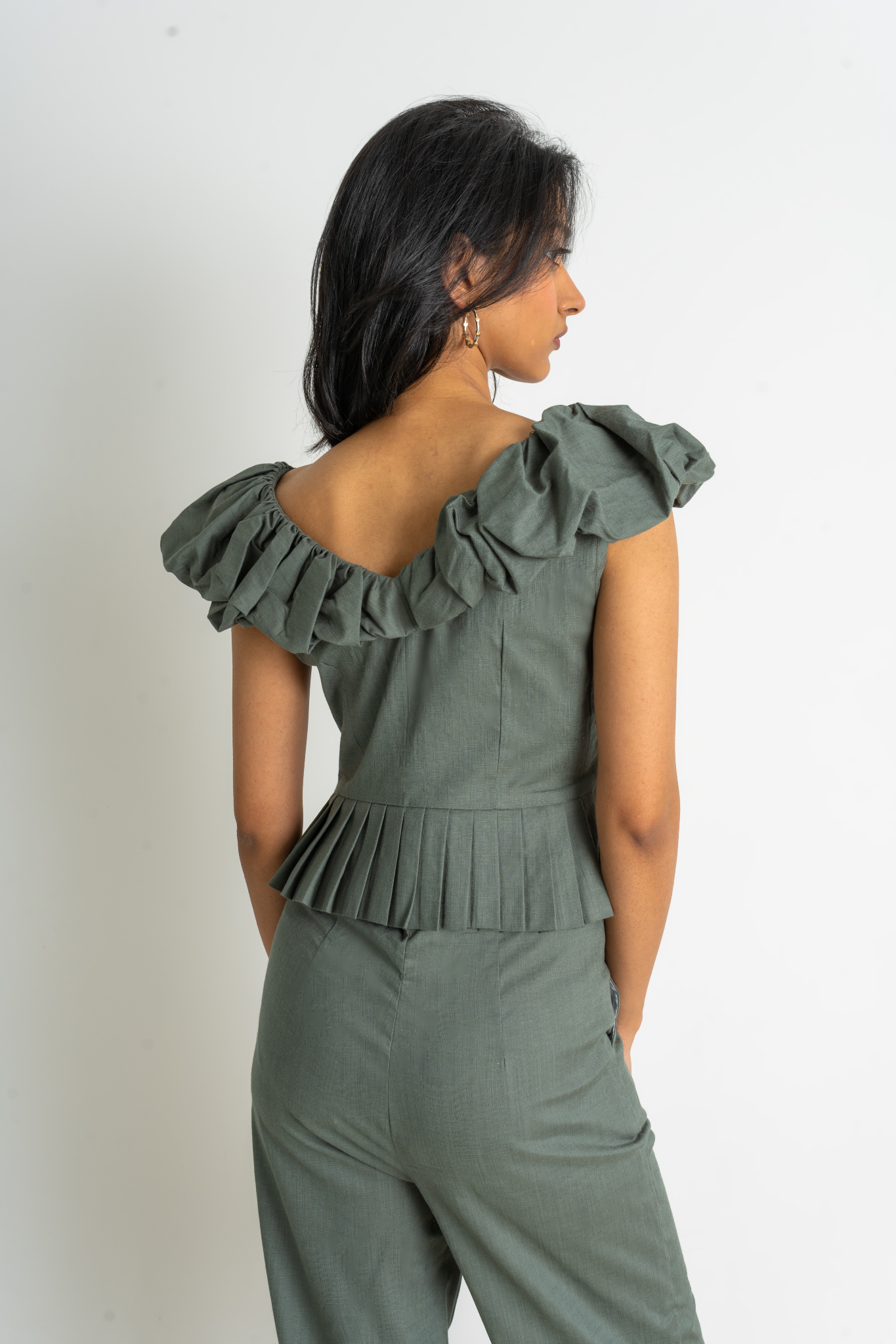 Ruched detail peplum top with straight pant co-ord set