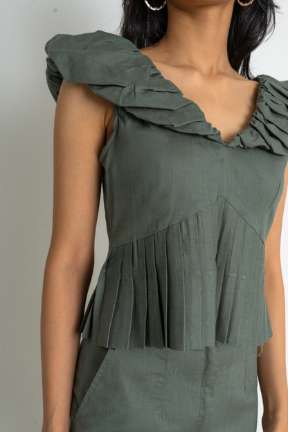 Ruched detail peplum top with straight pant co-ord set