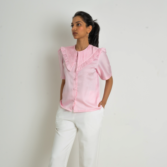 Ruffle trim and pin tucked detailed long and elevated collar design shirt in pink