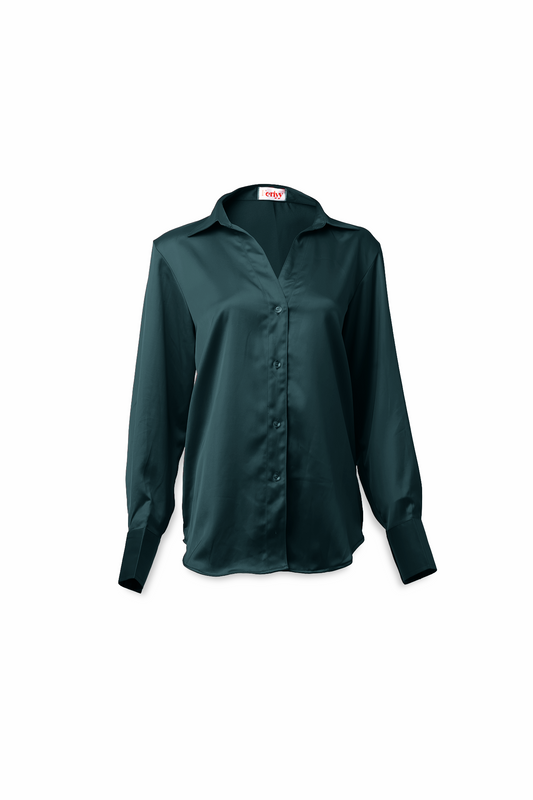 Oversized shirt in dark green hue made of a woven fabric with a sheen. Collar, buttons down the front, long sleeves with a sleeve placket and buttoned cuffs, and a rounded hem. Loosely fitted. Unlined